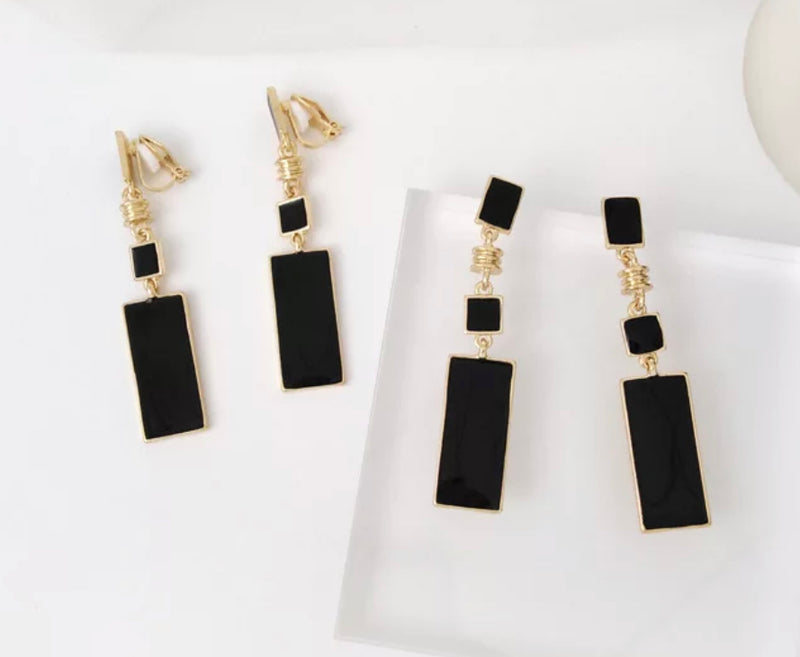 Clip on 2 1/2" gold, white or gold and black dangle three square earrings