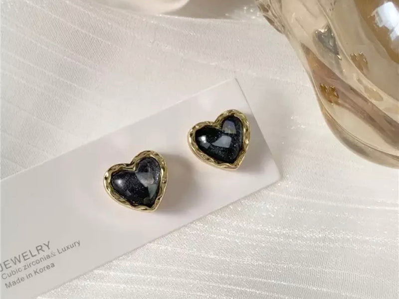 Clip on 1/2" small gold, white & black stone heart button style earrings