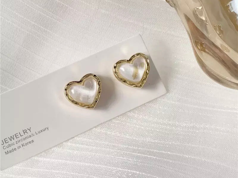 Clip on 1/2" small gold and white stone heart button style earrings