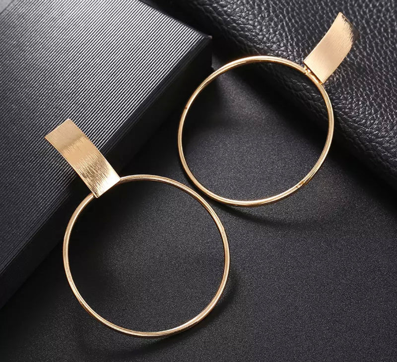 Clip on 3" gold skinny square dangle hoop small clasp earrings