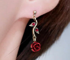 Vintage 3pc clip on  gold red rose necklace, bracelet and screw back earring set