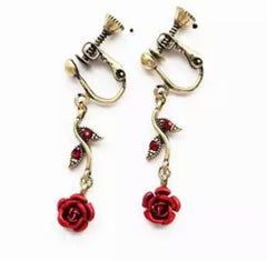Vintage 3pc clip on  gold red rose necklace, bracelet and screw back earring set