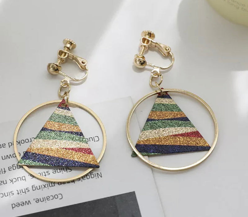 Clip on 1 3/4" gold hoop earrings w/blue multi colored stripe triangle
