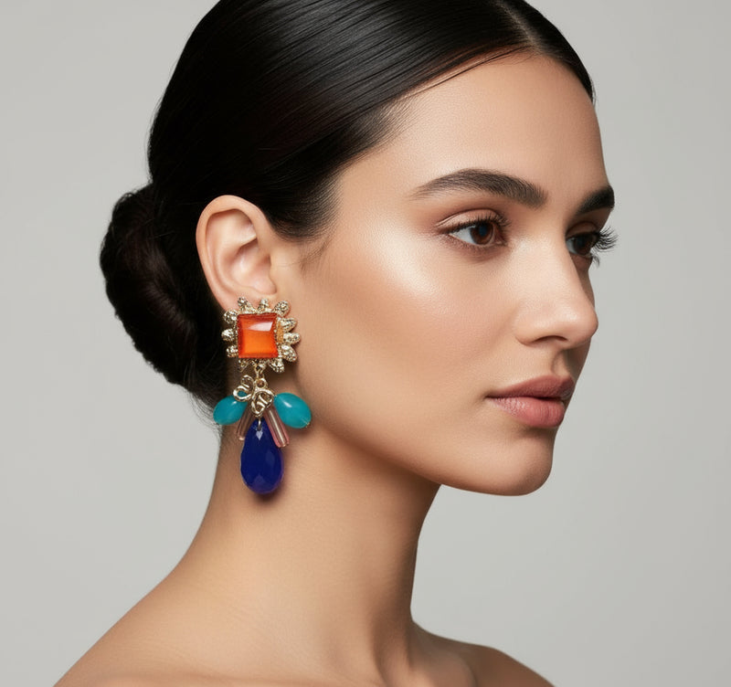 Western pierced 2" silver and turquoise stone hoop earrings