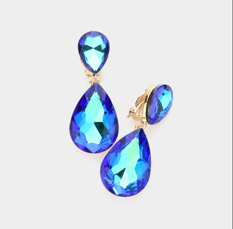 Clip on 2" gold, blue and turquoise stone double teardrop earrings