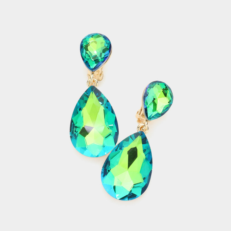 Clip on 2 gold, blue and green stone double teardrop earrings