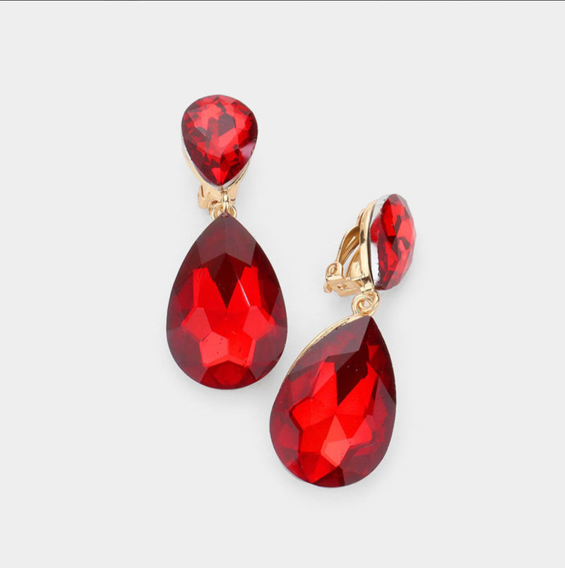 Clip on 2" gold and red stone double teardrop earrings
