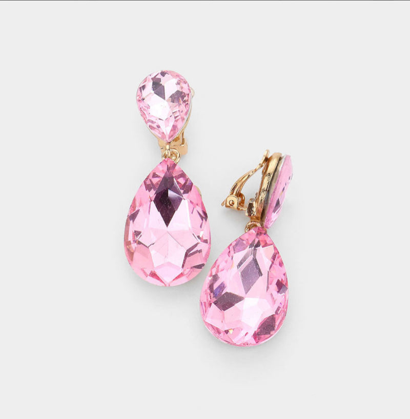 Clip on 2" gold and pink stone double teardrop earrings