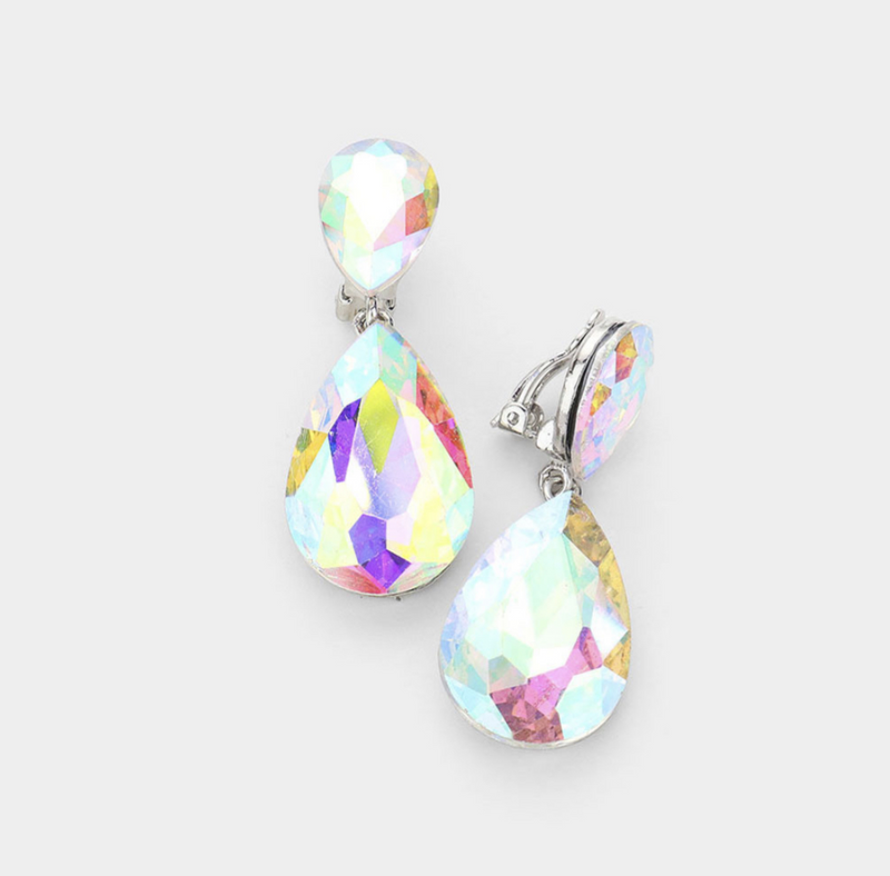 Clip on 2" silver and white fluorescent stone double teardrop earrings