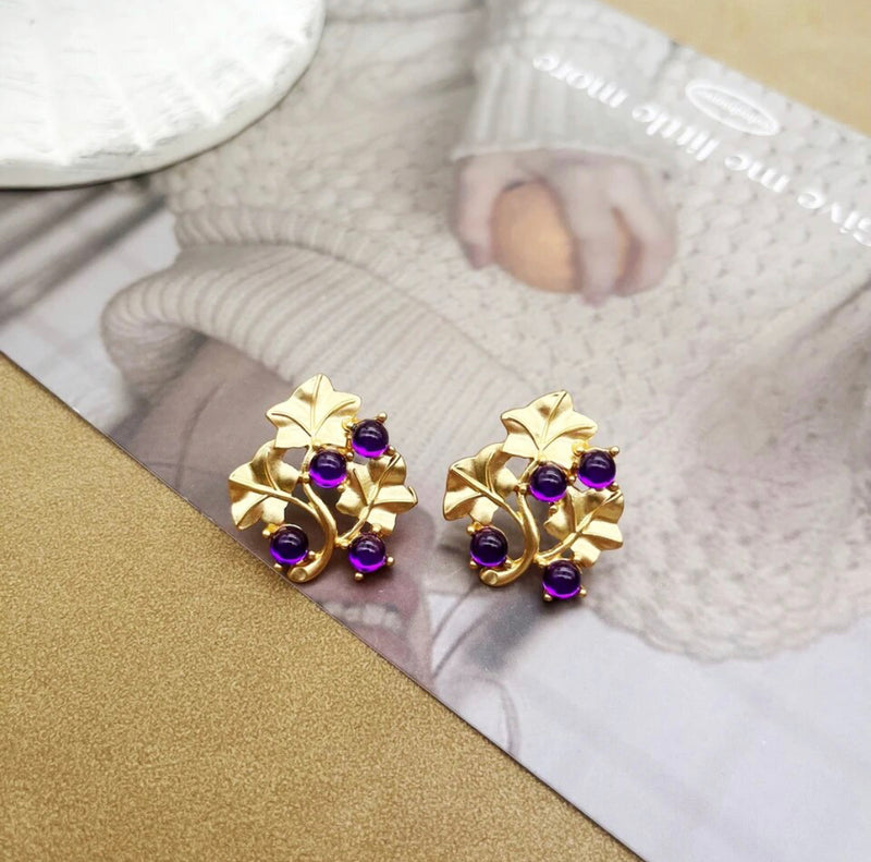 Vintage 1" clip on matte gold leaf earrings w/purple stones