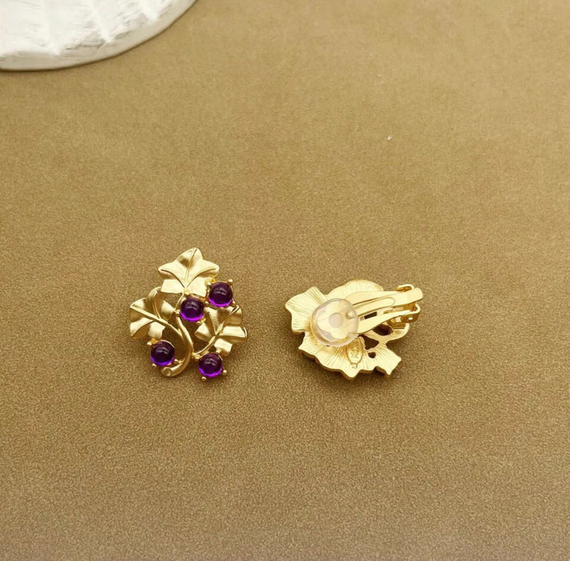 Vintage 1" clip on matte gold leaf earrings w/purple stones