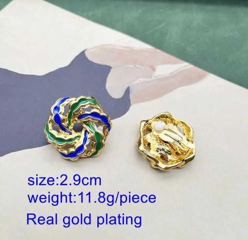 Clip on 1 1/4" gold, blue and green twisted button style earrings