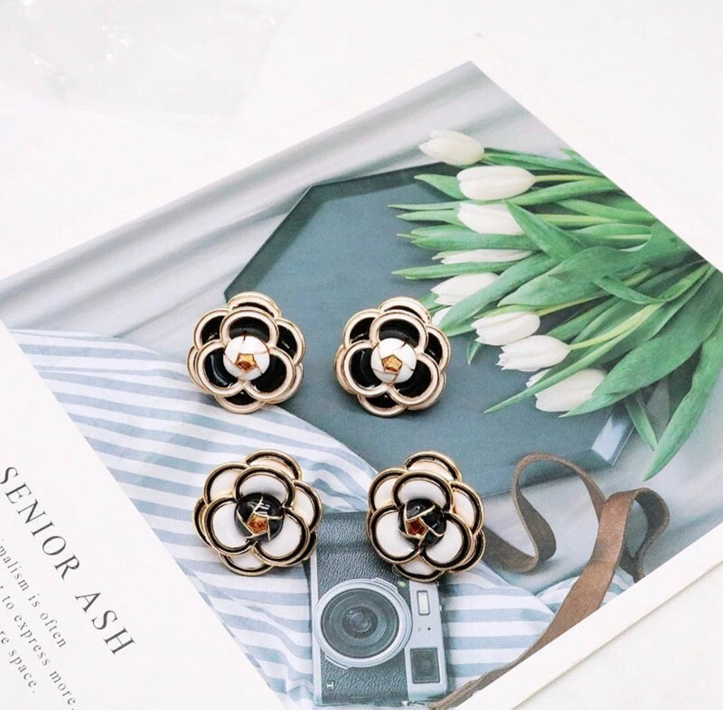 Clip on 1" gold, black and white flower button style earrings