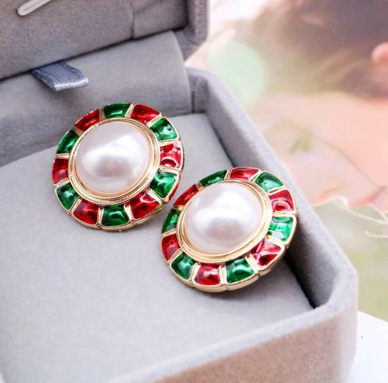 Clip on 1 1/4" gold, green, & red edge white pearl earrings