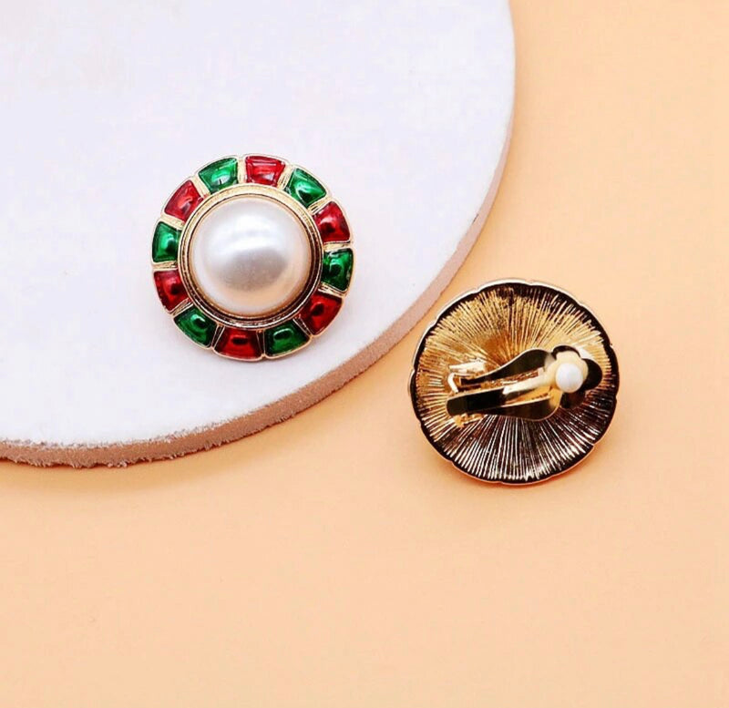 Clip on 1 1/4" gold, green, & red edge white pearl earrings