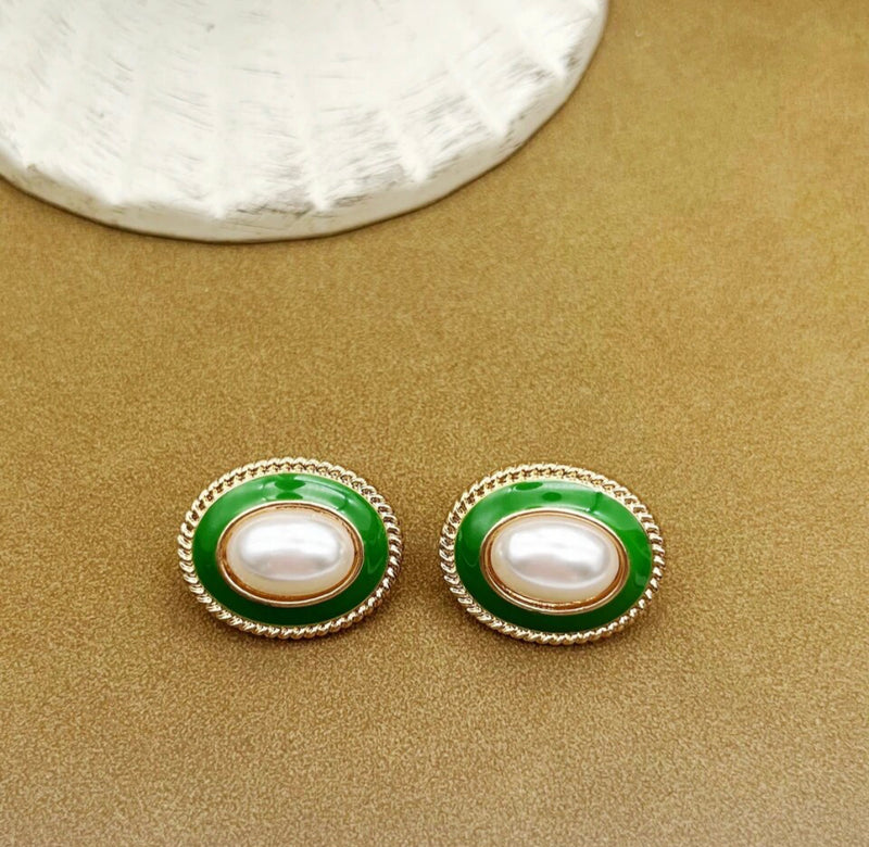 Clip on 1" gold and green, white pearl button style oval earrings