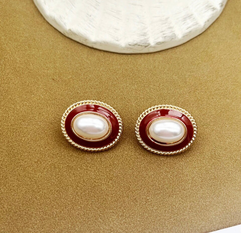 Clip on 1" gold and red, white pearl button style oval earrings
