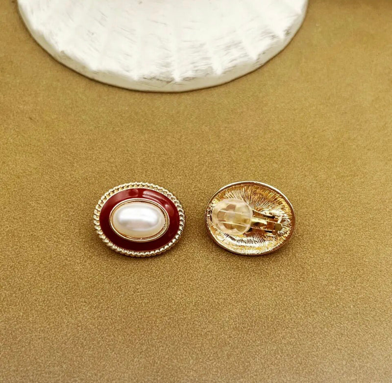 Clip on 1" gold and red, white pearl button style oval earrings