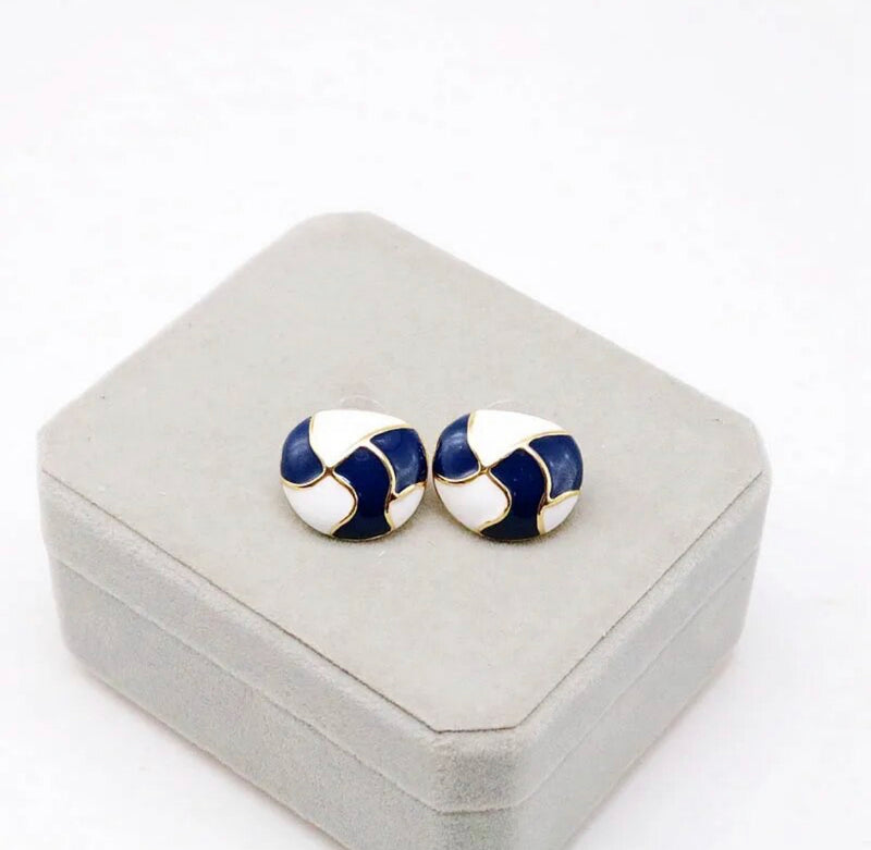 Clip on 3/4" gold white and blue button style earrings