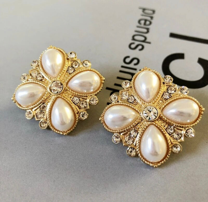 Clip on 1 1/4" gold white pearl and clear stone flower earrings