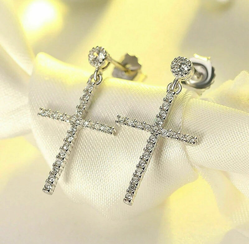 Clip on or pierced 2 3/4" silver chain dangle cross earrings