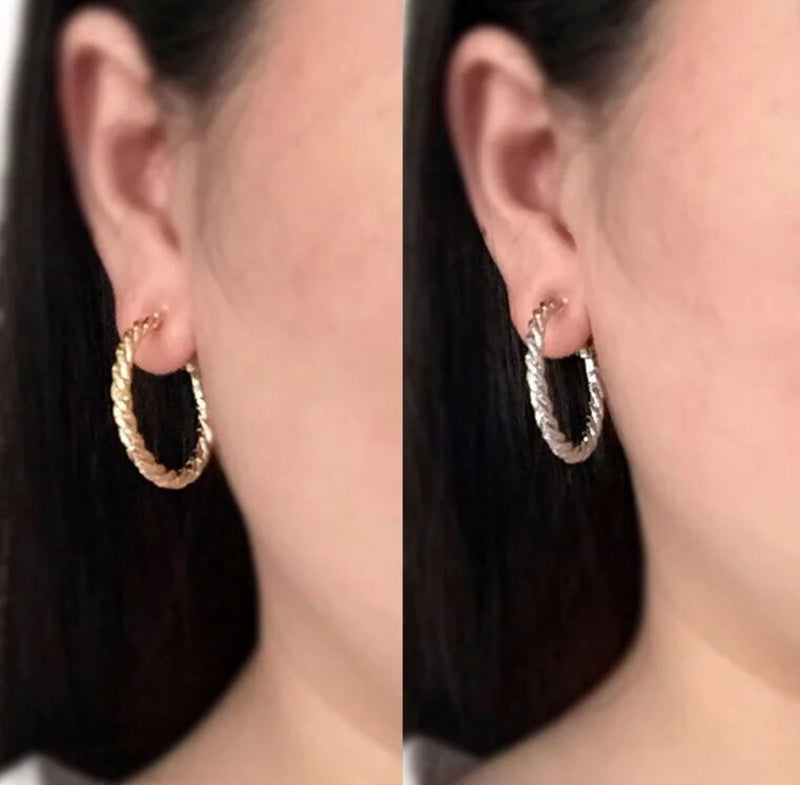 Clip on 1 1/4" silver or gold twisted rope hoop earrings