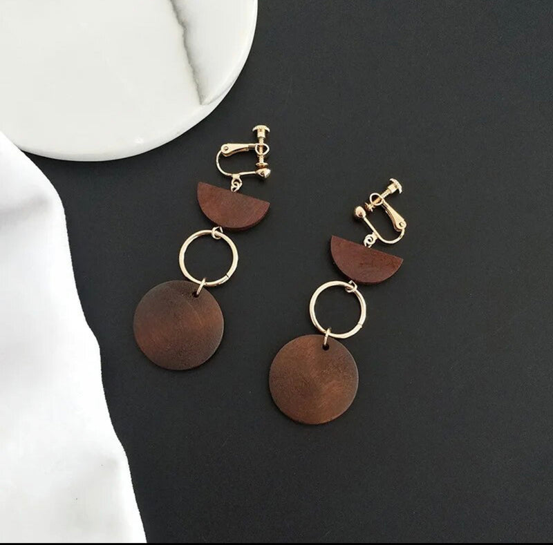Clip on 2 3/4" gold dangle brown wooden circle earrings
