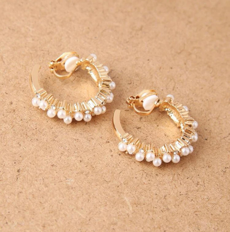 Clip on 1 1/4" gold and pearl cluster hoop earrings with clear stones