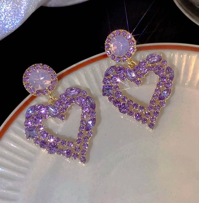 Pierced 3 3/4" gold and purple stone double flower earrings