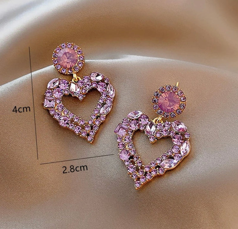Pierced 1 3/4" gold and purple and pink stone dangle heart earrings