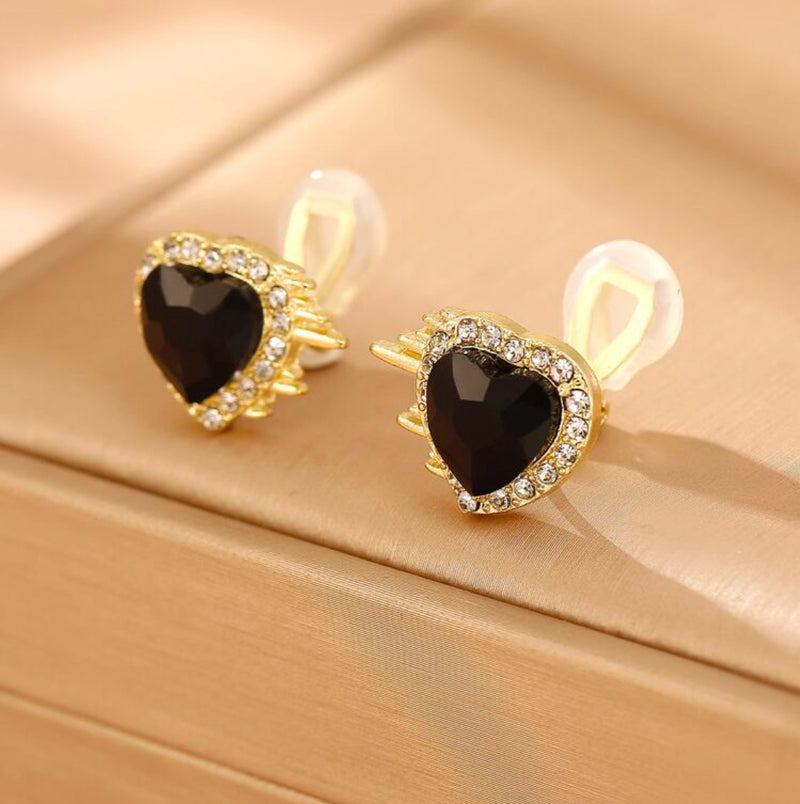 Clip on 1/2" gold, black & clear stone heart button style earrings