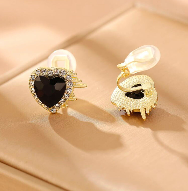 Clip on 1/2" gold, black & clear stone heart button style earrings