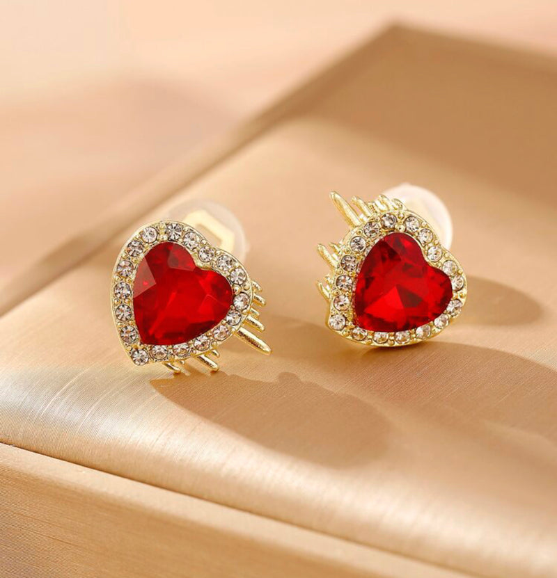 Clip on 1/2" gold spike, red & clear stone heart button style earrings