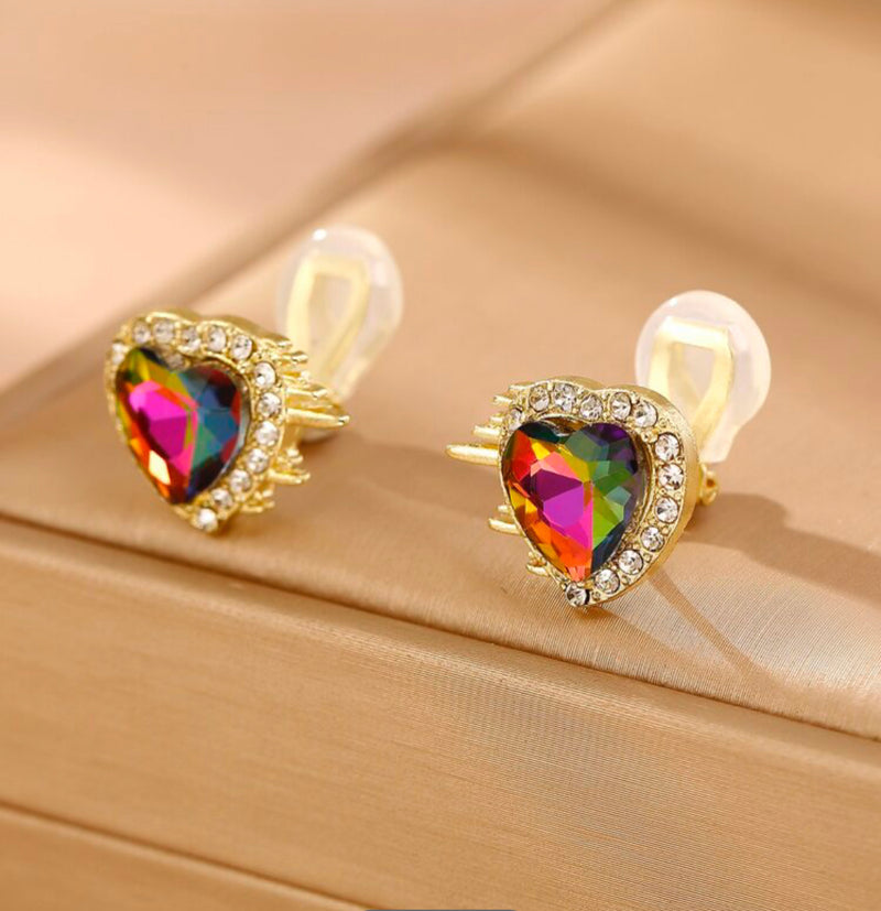 Clip on 1/2" gold spike, multi colored clear stone heart button style earrings