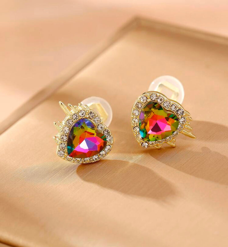 Clip on 1/2" gold spike, multi colored clear stone heart button style earrings