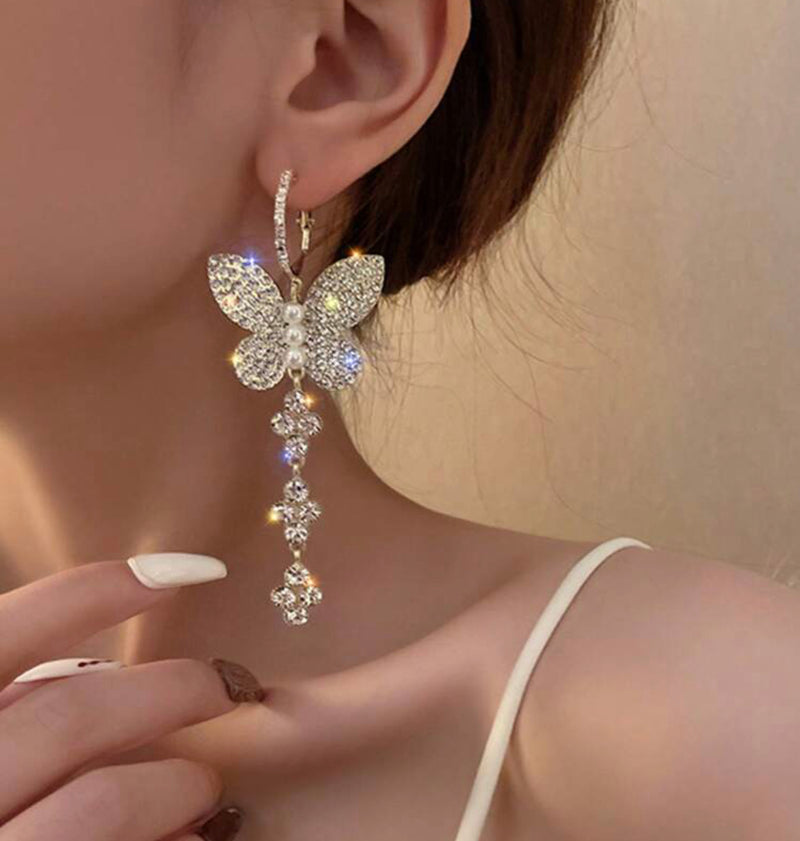 Pierced 4" gold, clear stone & white pearl butterfly hoop earrings