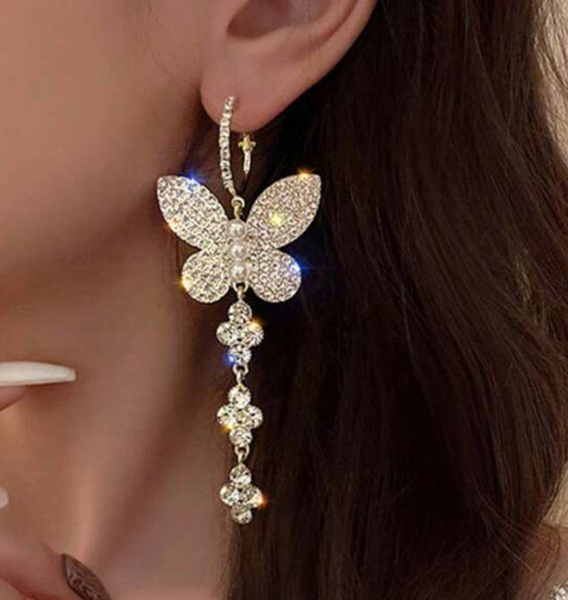 Pierced 4" gold, clear stone & white pearl butterfly hoop earrings