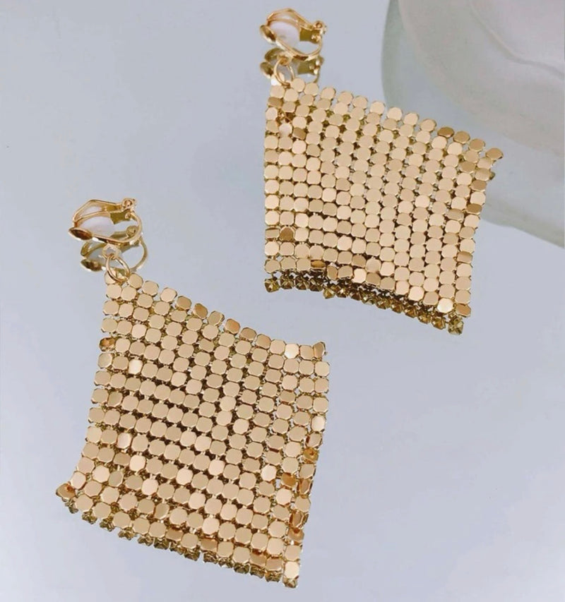Clip on 4" long matte gold sequin geometric square shiny earrings