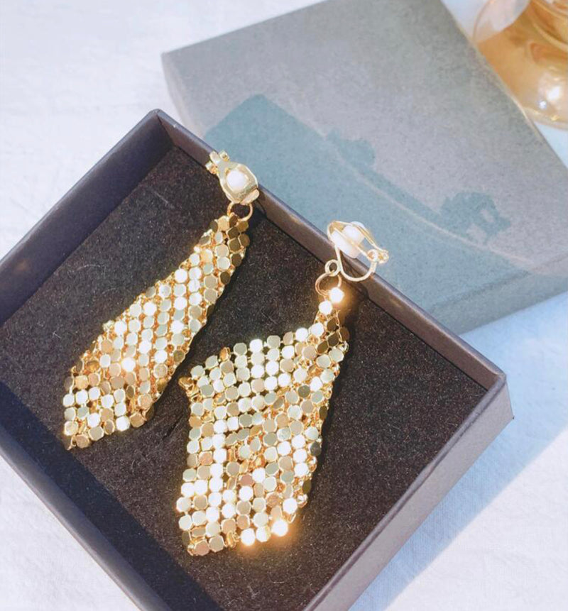 Clip on 4" long matte gold sequin geometric square shiny earrings