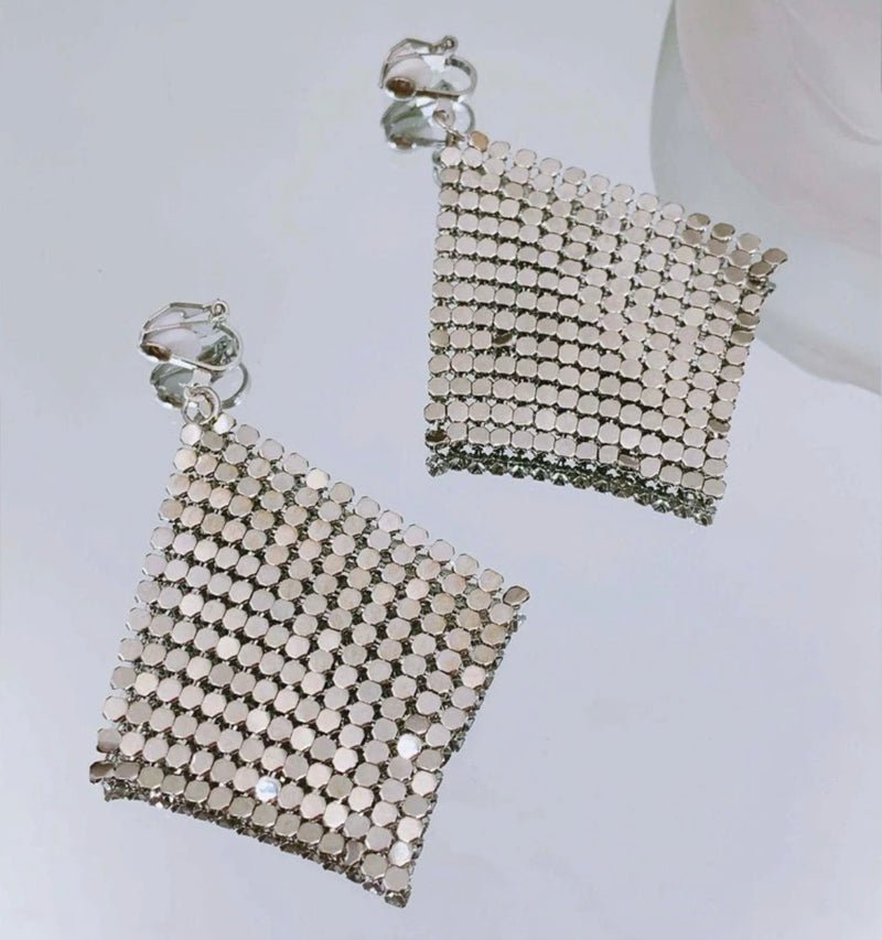 Clip on 4" long matte silver sequin geometric square shiny earrings