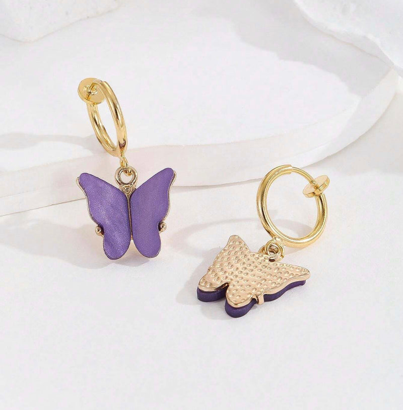 Clip on 1" dangle gold hoop and purple shell butterfly earrings