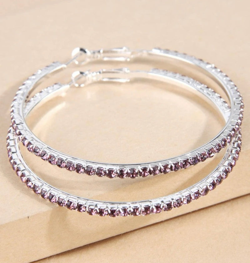 Pierced 2 1/2" silver and purple stone hoop earrings
