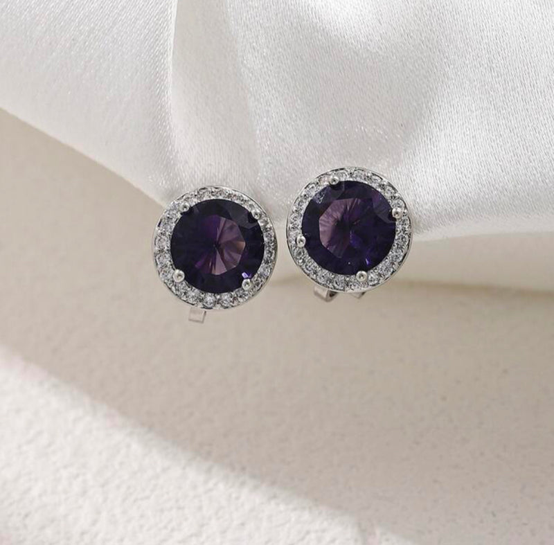 Clip on 1/2" xsmall silver, purple & clear stone earrings