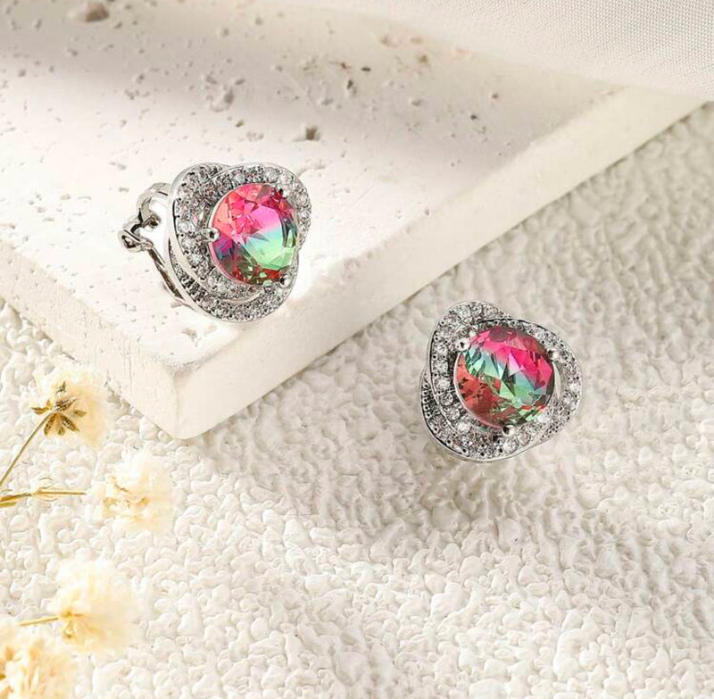 Clip on silver, blue and shimmer odd shaped bead necklace and earring set