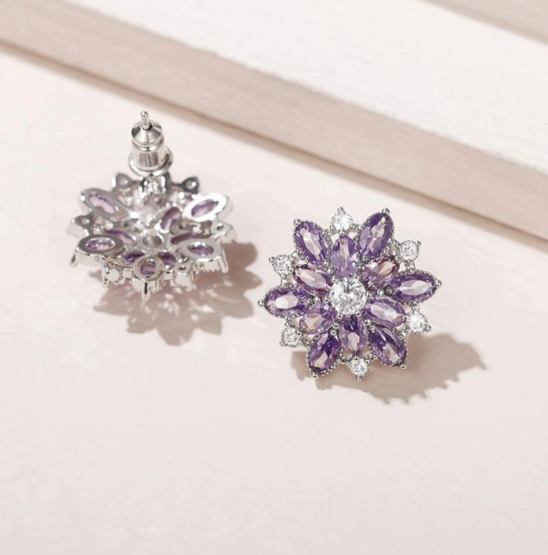 Pierced 3/4" silver & purple stone pointed edge starburst earrings