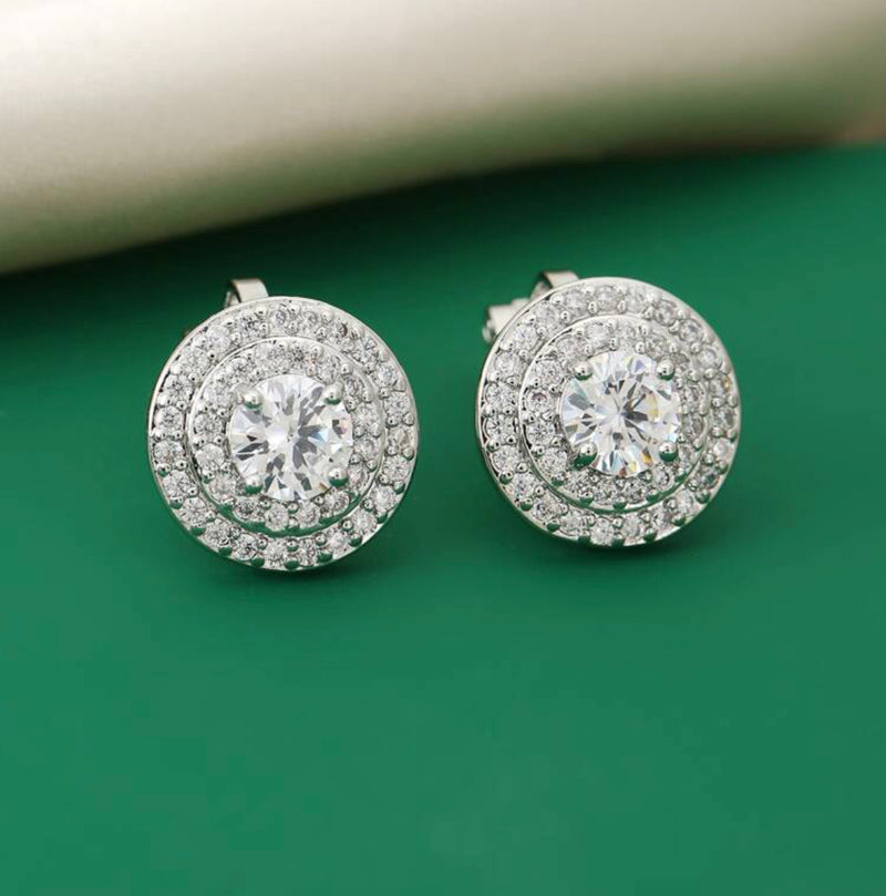 Clip on 3/4" silver and clear stone round button style earrings