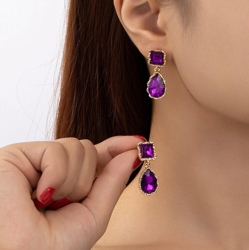 Pierced 2 1/2" silver and purple stone hoop earrings