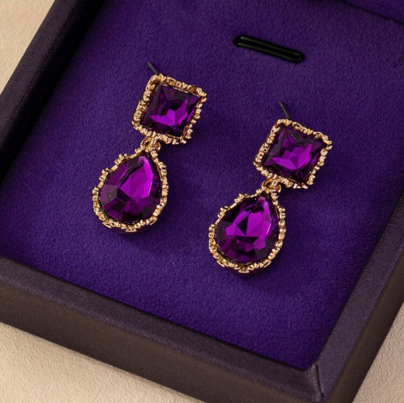 Pierced 1 1/4" gold and purple stone square & teardrop earrings