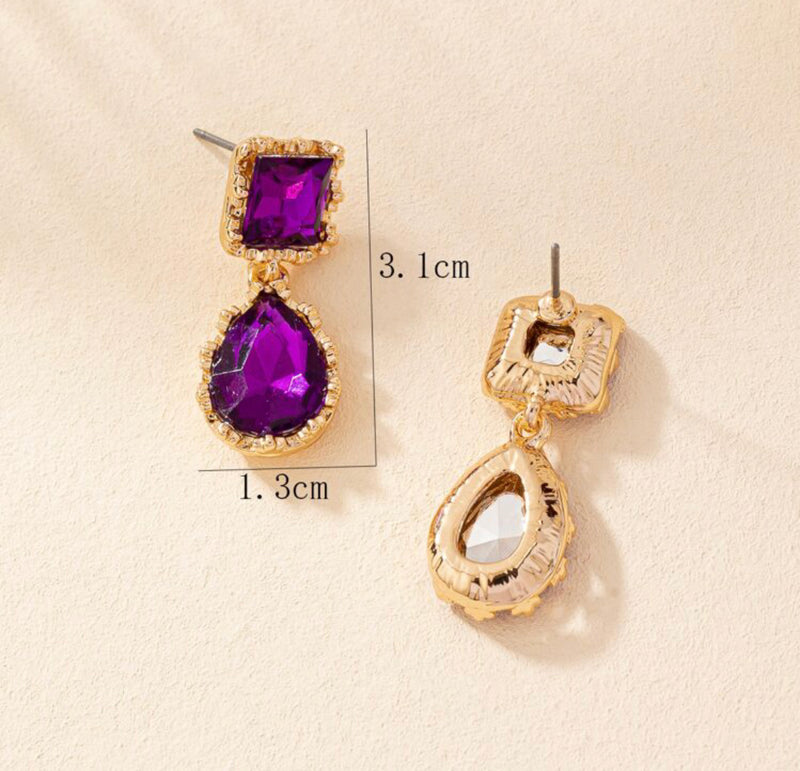 Pierced 1 1/4" gold and purple stone square & teardrop earrings