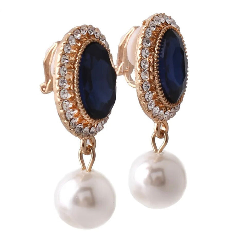 Clip on 1 1/3" gold oval blue stone and pearl dangle earrings